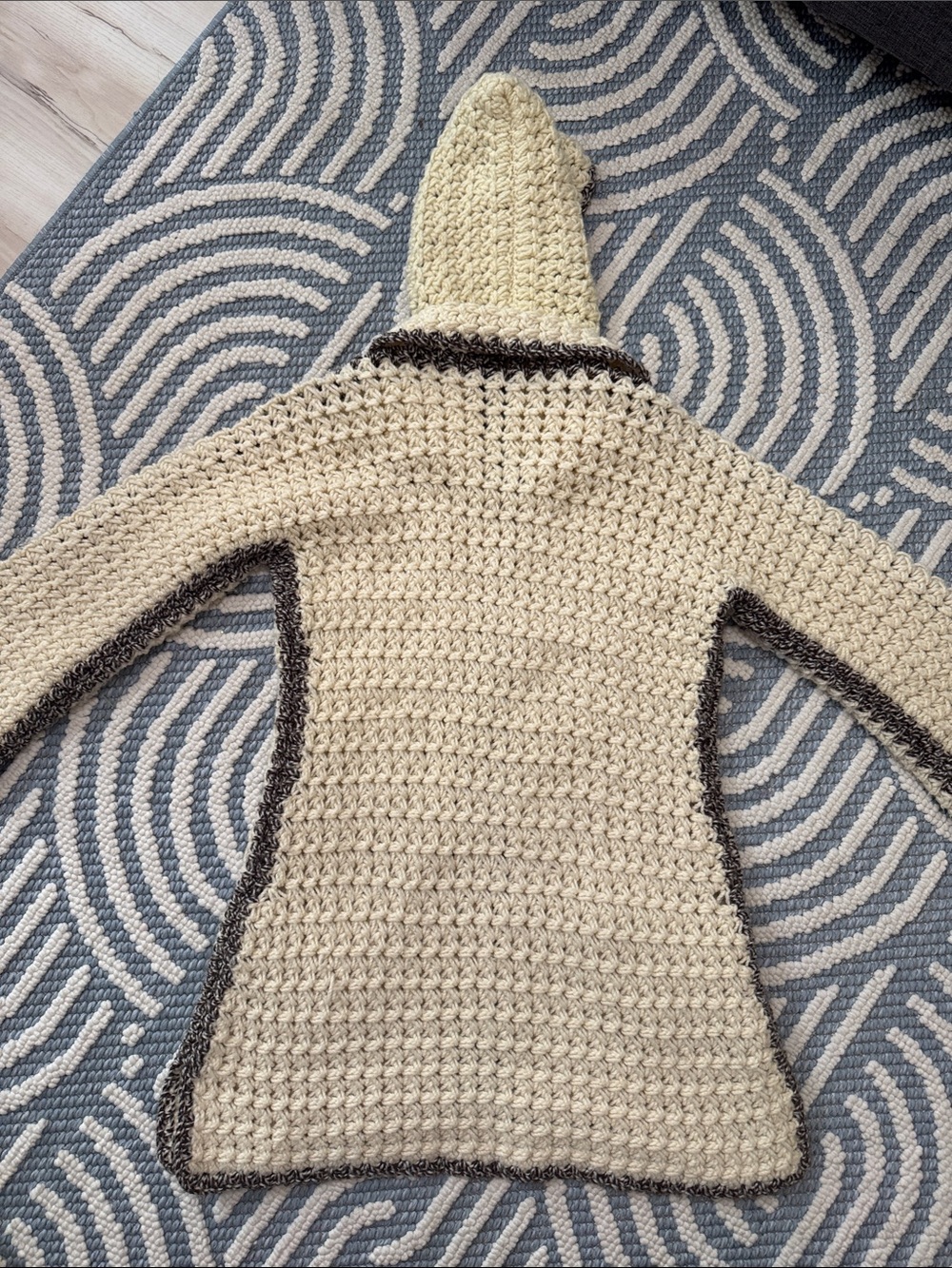 Vintage Handmade Crochet Hooded Longline Cardigan Sweater Cream Brown Boho - Picture 5 of 6